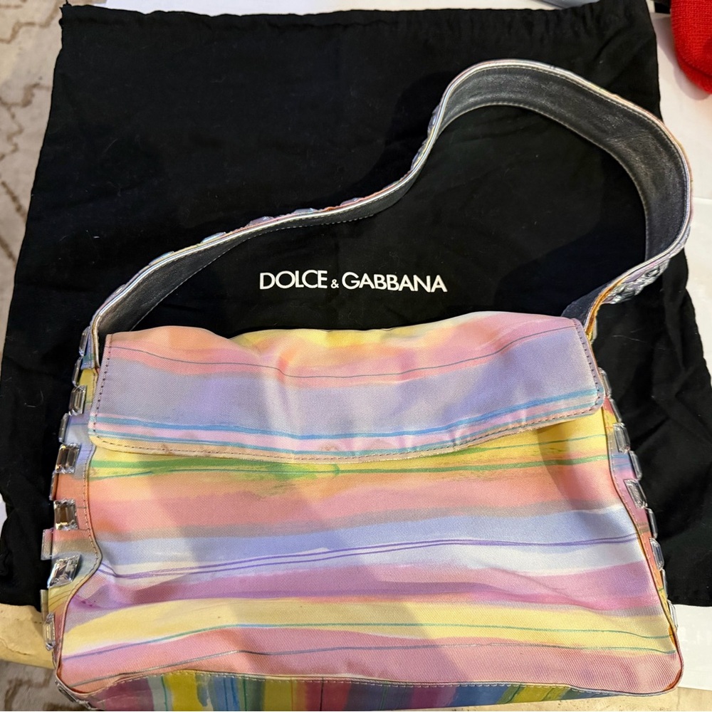 Authentic Vintage Dolce & Gabbana Hand Painted Silk Crystal & Leather Handbag